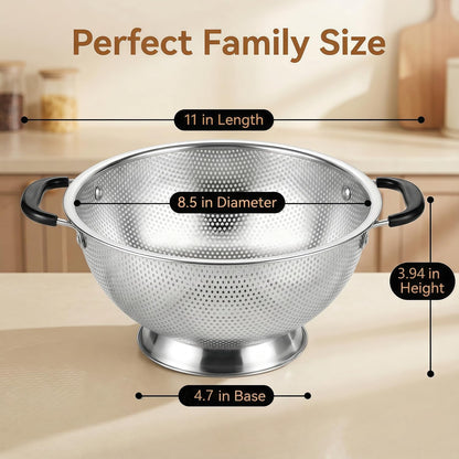 304 Stainless Steel Colander, 3 Quart Micro-Perforated Strainer with Heavy Duty Plastic Handles - Fast Draining Metal Basket for Rinsing Rice, Washing Vegetables, Draining Pasta - Dishwasher Safe