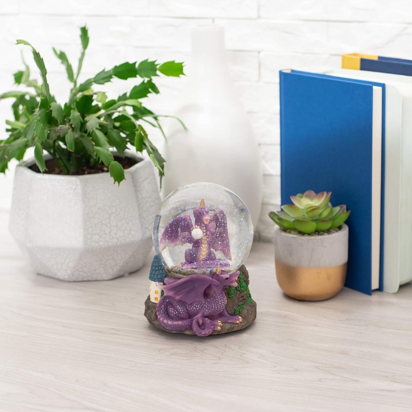 Elanze Designs Purple Dragon with Orb on Castle Tabletop Figurine Decoration, 100MM Glitter Water Musical Snow Globe