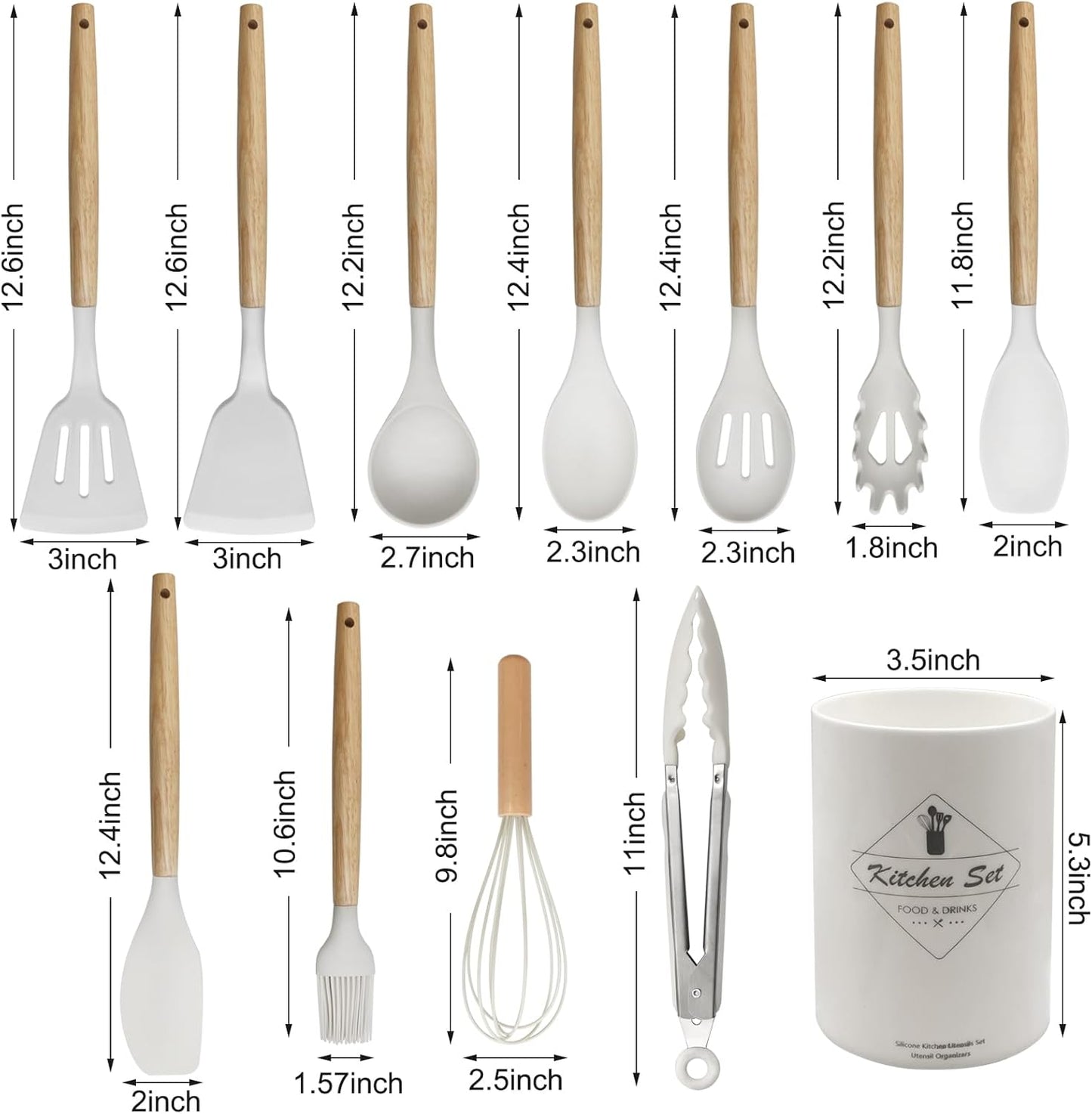 Kitchen Utensils Set of 12, Silicone Cooking Utensils with Wooden Handle and Organizer Bucket, Heat Resistant (Cream