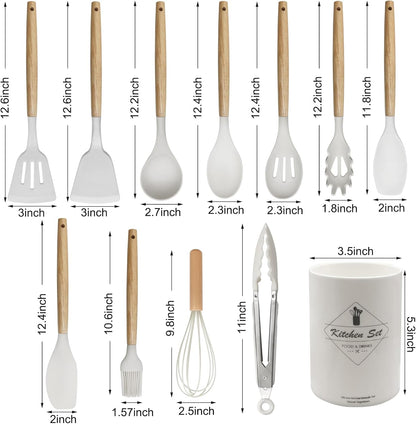 Kitchen Utensils Set of 12, Silicone Cooking Utensils with Wooden Handle and Organizer Bucket, Heat Resistant (Cream