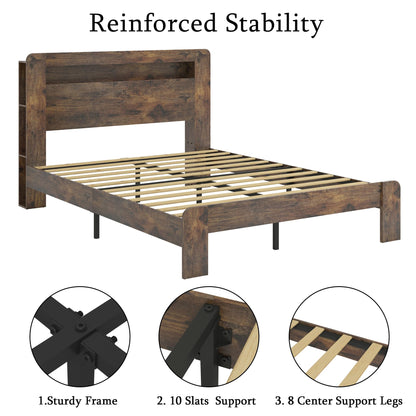 KEIKI Bed Frame King Size, Wood Platform Bed Frame with Storage LED Light Headboard and 2 USB, Noise Free, No Box Spring Needed and Easy Assembly Tool, Large Under Bed Storage, Dark Brown