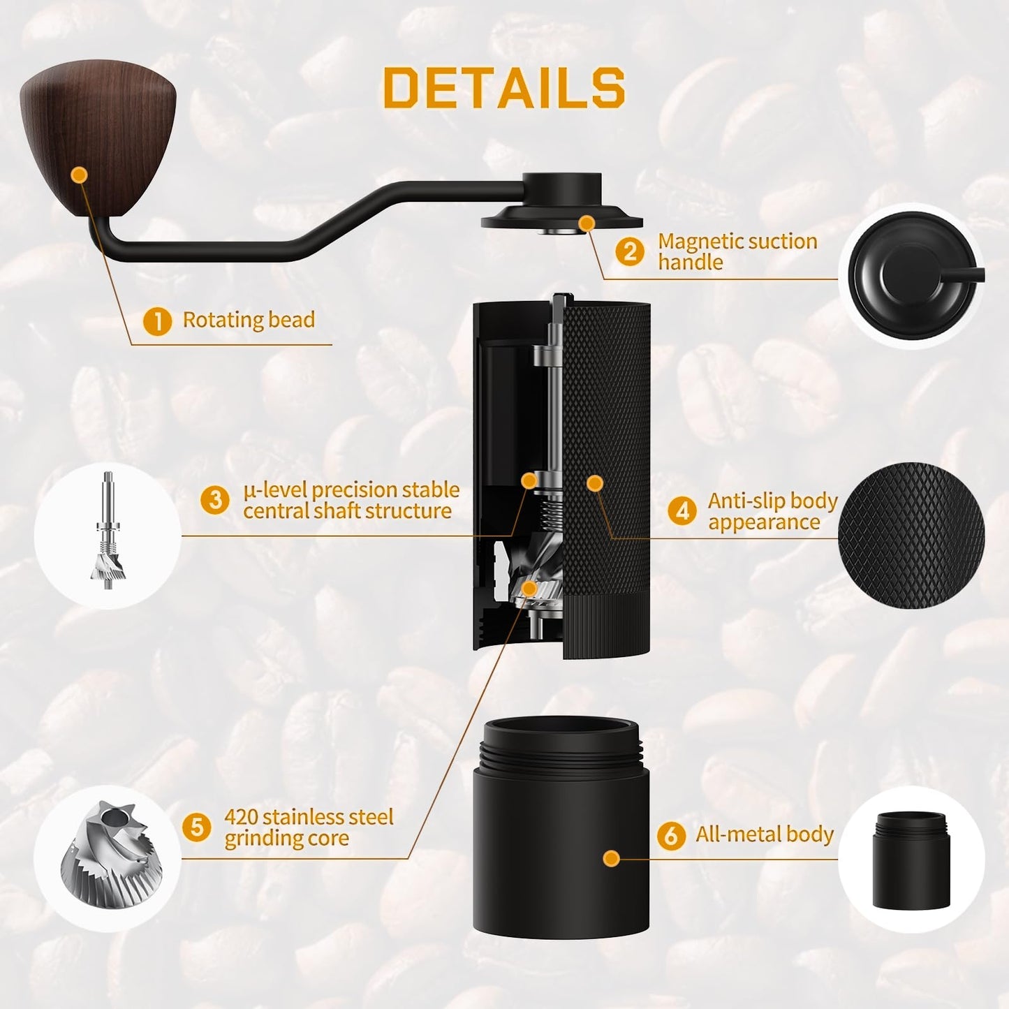 MAVO Manual Coffee Grinder, Wizard Hand Coffee Grinder, Capacity 25g with CNC Stainless Steel Pentagon Conical Burr, Adjustable Setting, Burr Coffee Bean Grinder for French Press, Pour Over Black