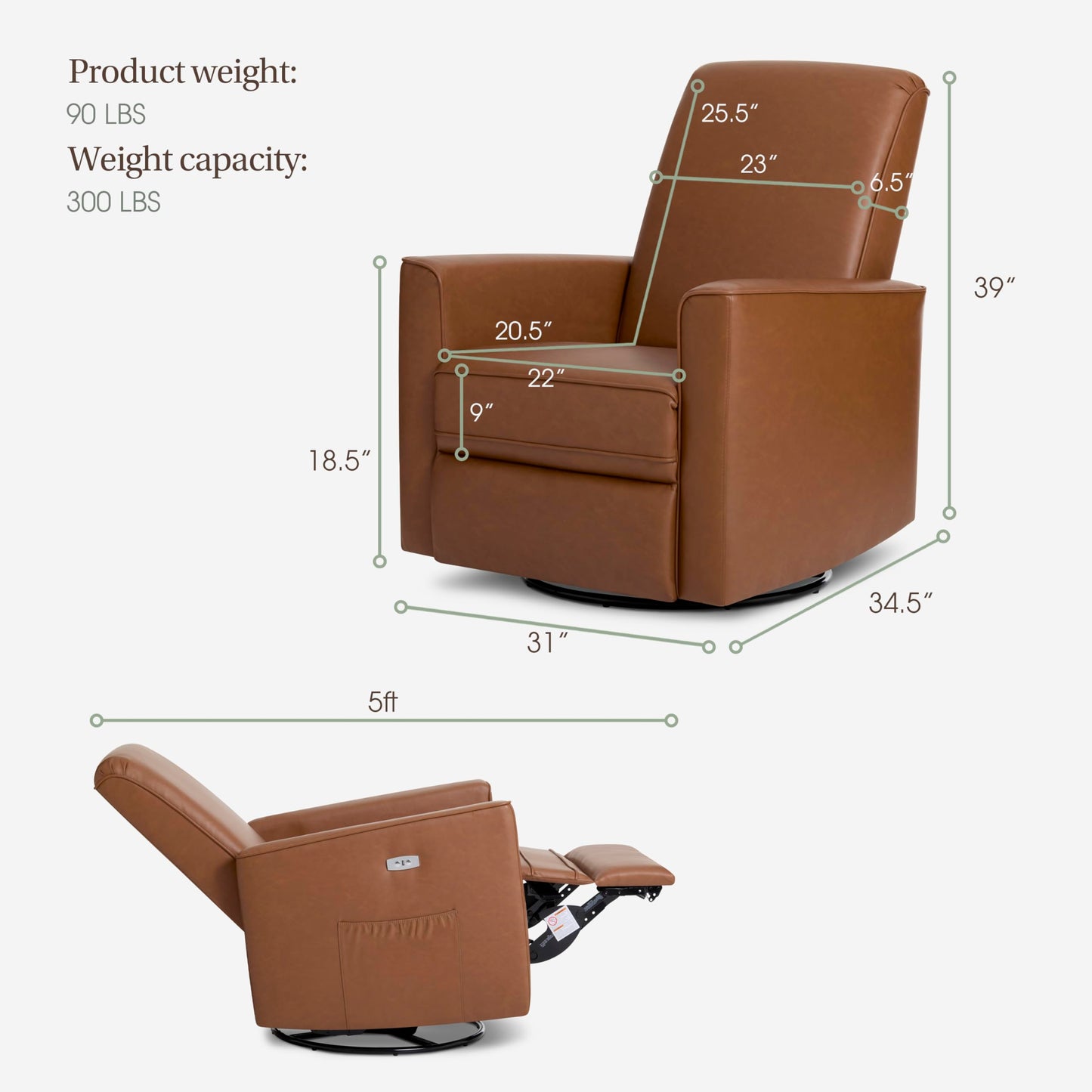 Evolur Harlow Upholstered Power Glider Recliner with USB Charging – Rocking & 275° Swivel with Smooth Glide – Greenguard Gold & FSC Certified – Modern Nursery and Living Room Chair in Cognac