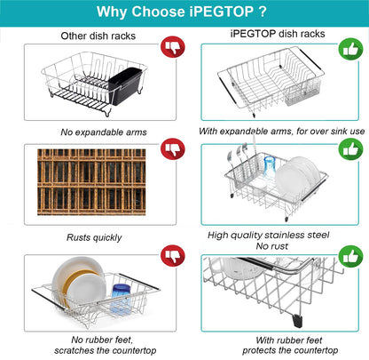 iPEGTOP Expandable Dish Drying Rack Over Sink, Rustproof Stainless Steel Basket Shelf, Multifunctional Dish Drainer Organizer with Utensil Cutlery Holder