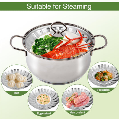 Steamer Basket for Cooking – Premium 304 Stainless Steel Steamer Basket, 3rd Gen Folding Expandable Steamers, Suitable for Cookware Pot, Fit for Fish Vegetables Pasta Eggs (Medium (6.1“ to 10.43”))
