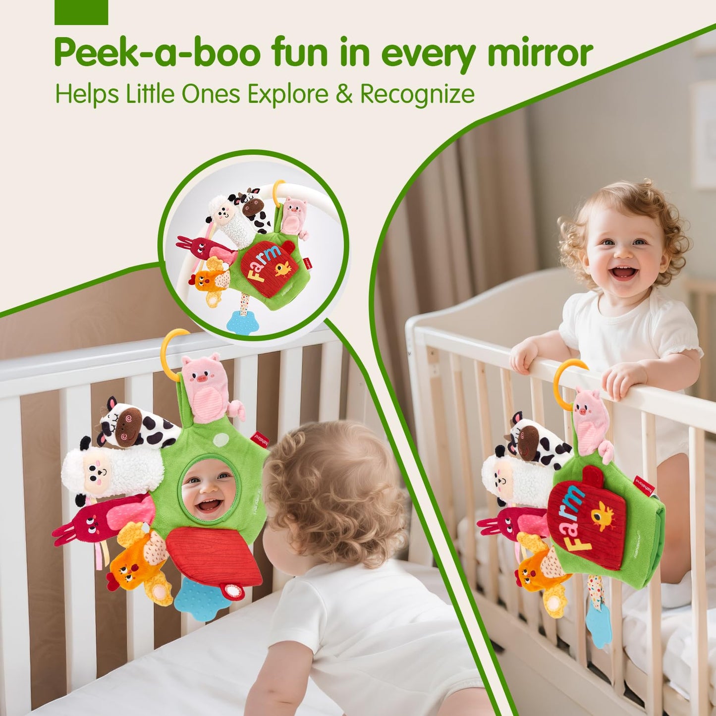 hahaland Baby Sensory Toys 6-12 Months – Montessori Farm Animal Hand Puppets with Rattle, Crinkle, Teether, Mirror – Multi-Sensory Infant Toys for Boys and Girls, Ideal Birthday Christmas Gift