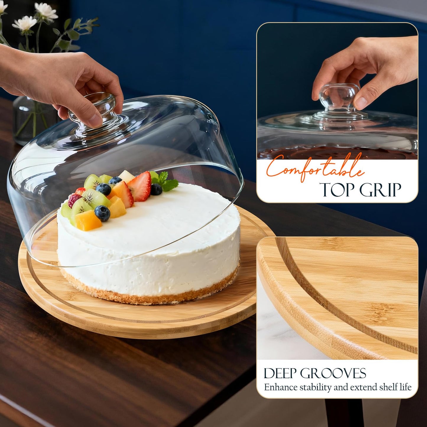 Masthome 11 IN Cake Stand with Lid, Bamboo Wood Rotating Cake Holder with Dome, BPA Free Cake Dish with Cover, Cake Plate with Cover for Birthday/Kitchen/Party/Weddings