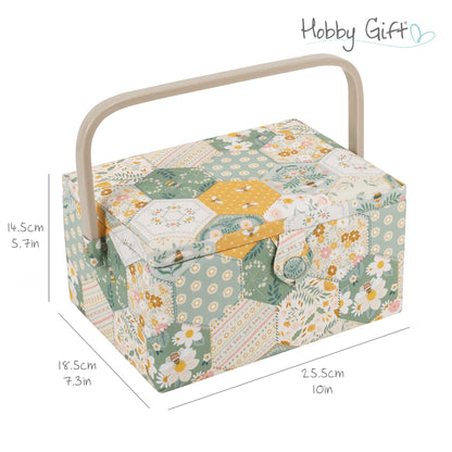 Hobby Gift Medium Sewing Box Organiser, Fabric Covered Storage Box with Handle, Internal Tray, Pin Cushion and Pocket for Sewing, Quilting and Knitting Supplies