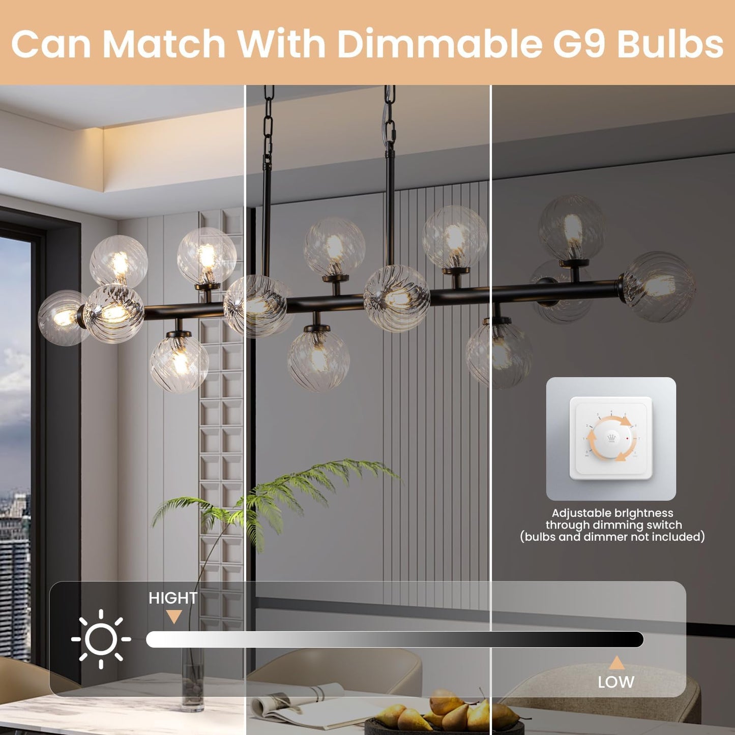 DFJL 50" Modern Linear Chandelier,Mid Century Black Finish and Transparent Pleats Glass Bubble Sputnik Pendant Light Fixtures, for Dining Room Kitchen Island Rectangle Over Table 16-Lights
