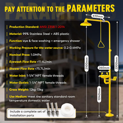 CGOLDENWALL Emergency Shower Eye Wash Station Safty Shower Combination Eye Wash Station with Shower, NPT Thread, with Emergency Sign, 304 Stainless Steel+Yellow Coating