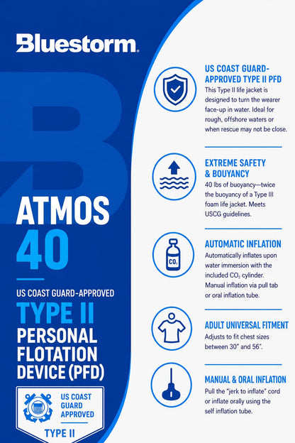 BLUESTORM Atmos 40 Automatic/Manual Inflatable PFD Life Jacket for Adults (Legendary Tan) | US Coast Guard (USCG) Approved Life Vest