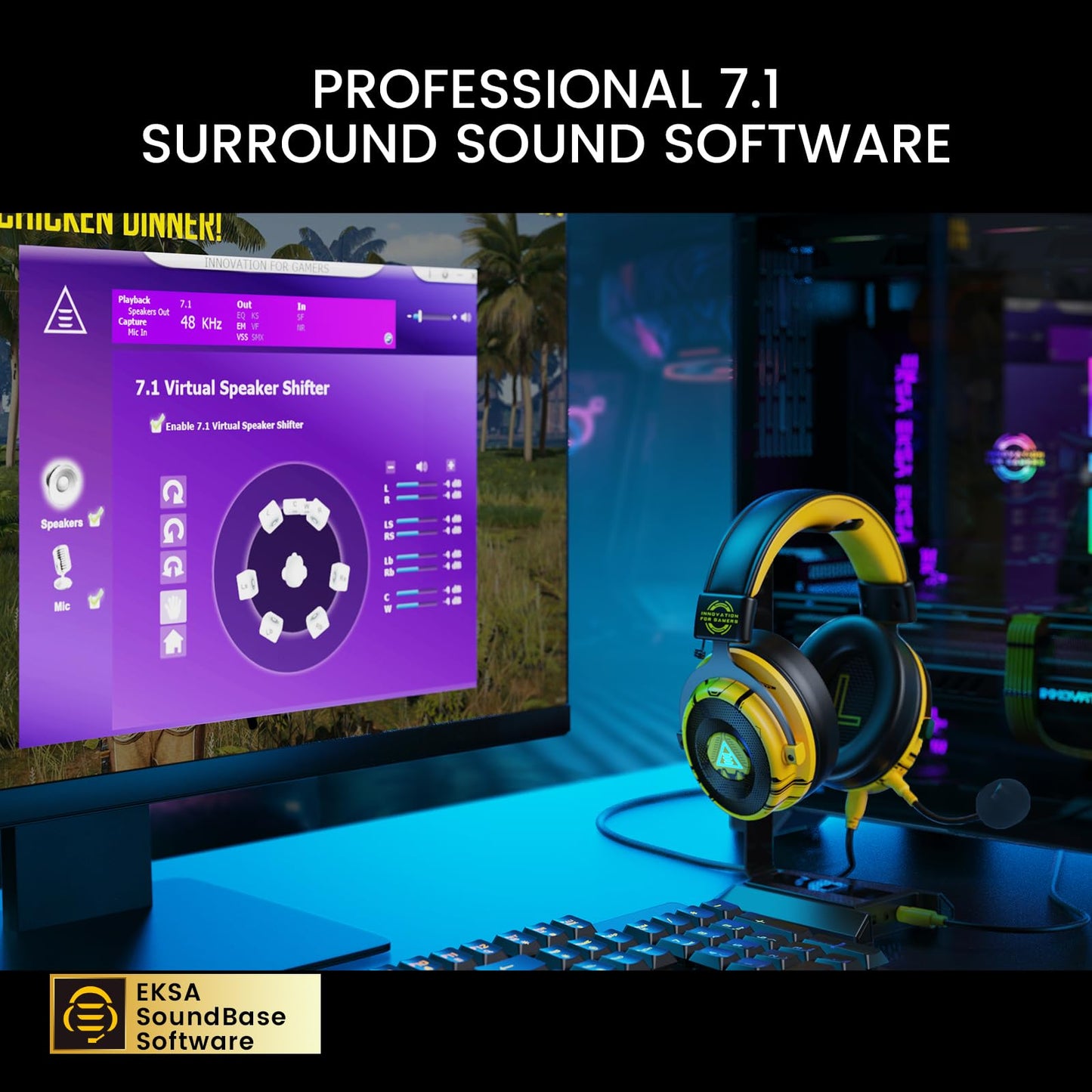 EKSA USB Gaming Headset for PC, Computer Gaming Headphones with Detachable Microphone Noise Cancelling, 7.1 Surround Sound, 50MM Driver, Wired Headset for PS4 PS5, Xbox One, Laptop (Yellow)