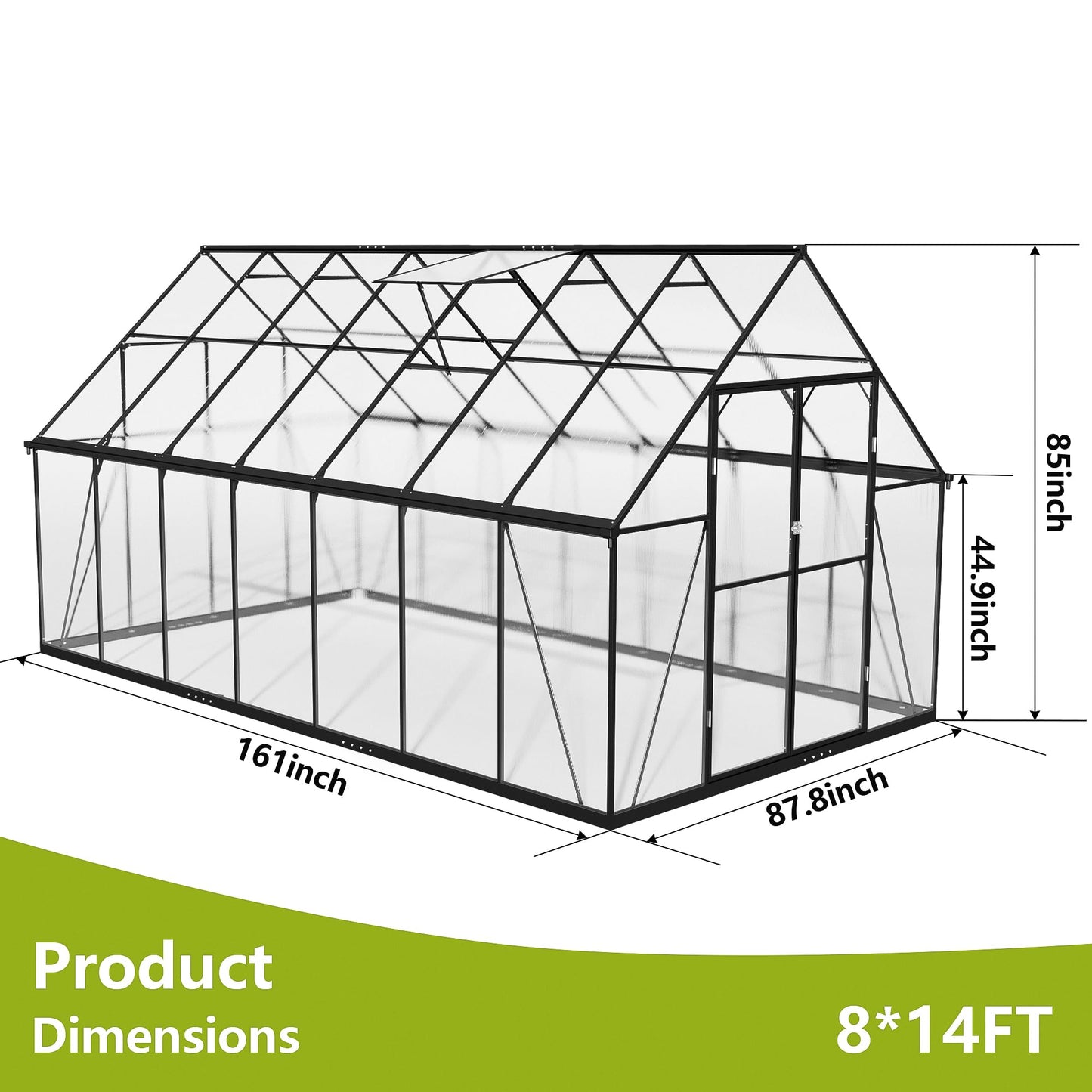 ASJMR 8×14 PC Outdoor Greenhouse, Green Houses for Outside with Aluminum Frame, Lockable Door & Adjustable Roof Vent - Heavy Duty Green Houses for Outside, Backyard, Garden, Patio Use (8×14)