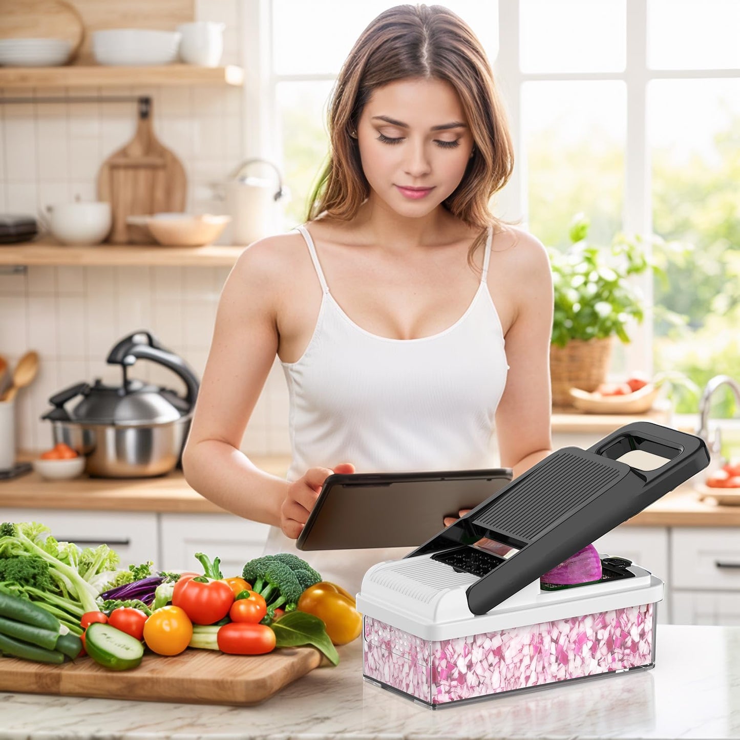 StoreHappily 12-in-1 Vegetable Chopper, 7 Blades Veggie Chopper with Container and Lid, Dicer, Slicer, Multifunctional Kitchen Gadgets, Vegetable Cutter with Handle, Onion Cutter(Black/White)
