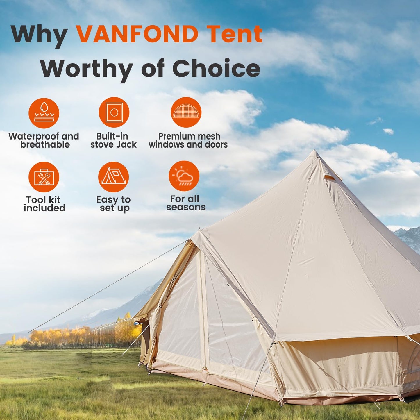 VANFOND Canvas Bell Tent, Yurt Tent with Stove Jack, Waterproof and Breathable Wall Tent, Glamping Tent, Detachable Groundsheet for Camping Party