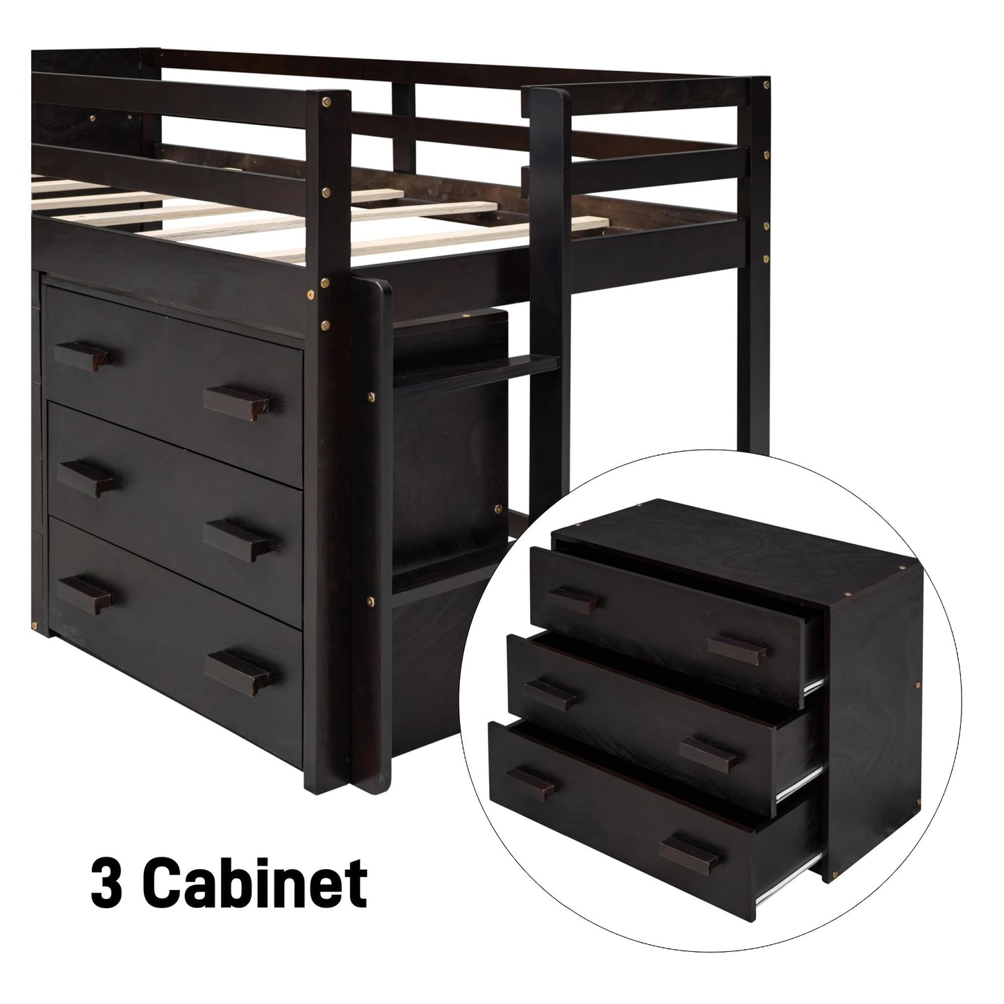Merax Twin Wooden Loft Bed，Wood Bedframe for Kids Teens， Adults Bedroom with Cabinet, Shelf, Stairs, Espresso