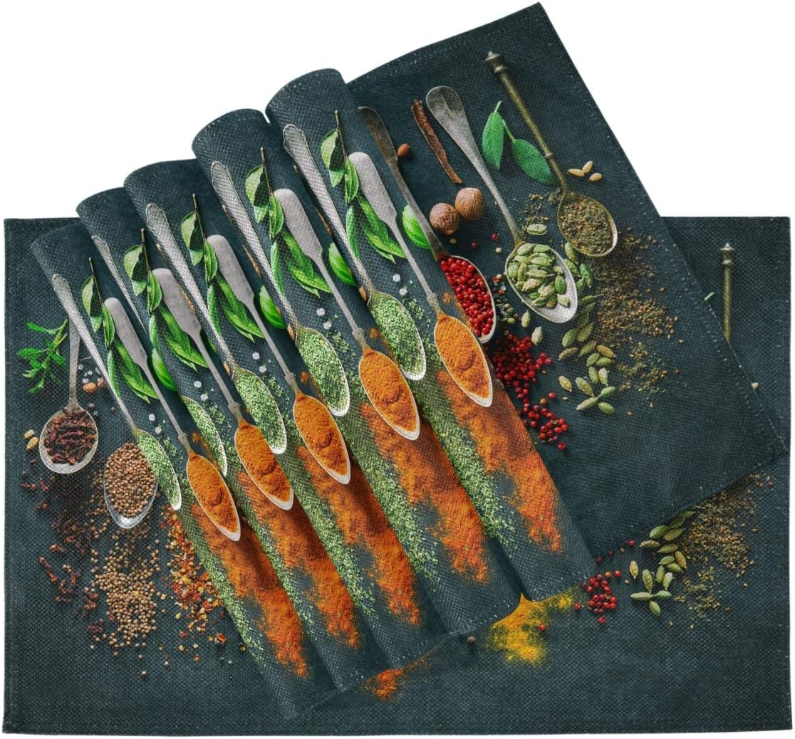 Cooking Herbs Spices Placemats Set of 4, Washable Non-Slip Heat Resistant Place Mats for Kitchen