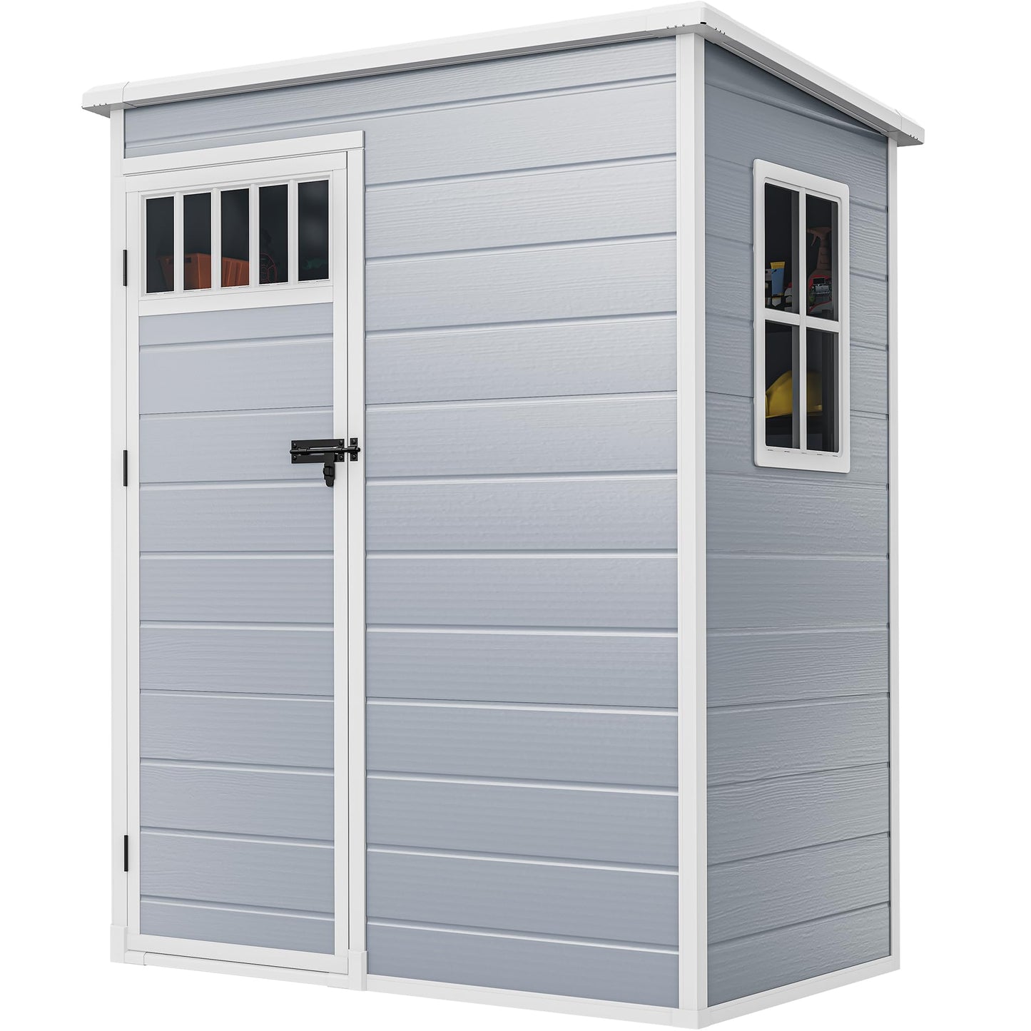 DWVO 5x3FT Outdoor Storage Shed with Fence-Style and Side Windows, Floor & Lockable Doors, Plastic Storage Shed for Backyard and Garden, Gray