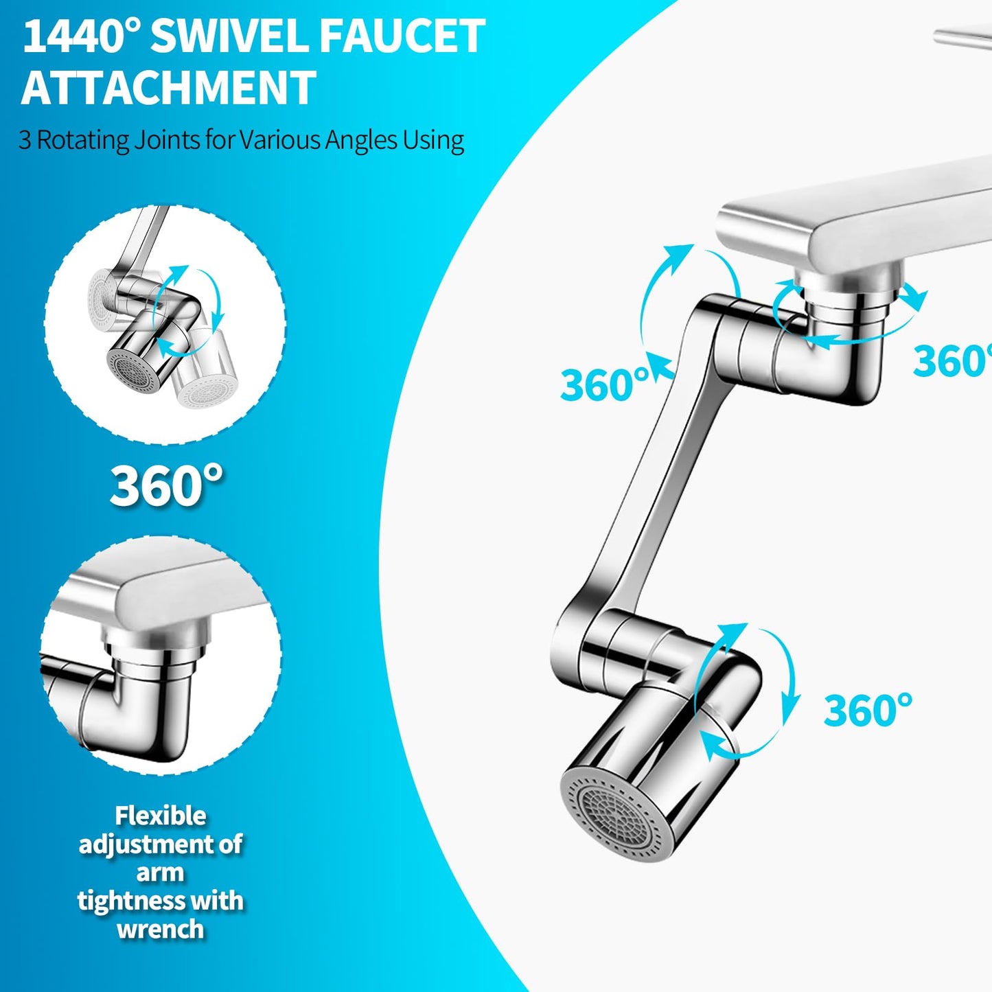 1440° Swivel Faucet Extender Sink Aerator 2 Mode Splash Water Filter Extension Kitchen Bathroom 360° Rotatable Spray Attachment Multifunctional Universal Robotic Arm Wash Hand Hair