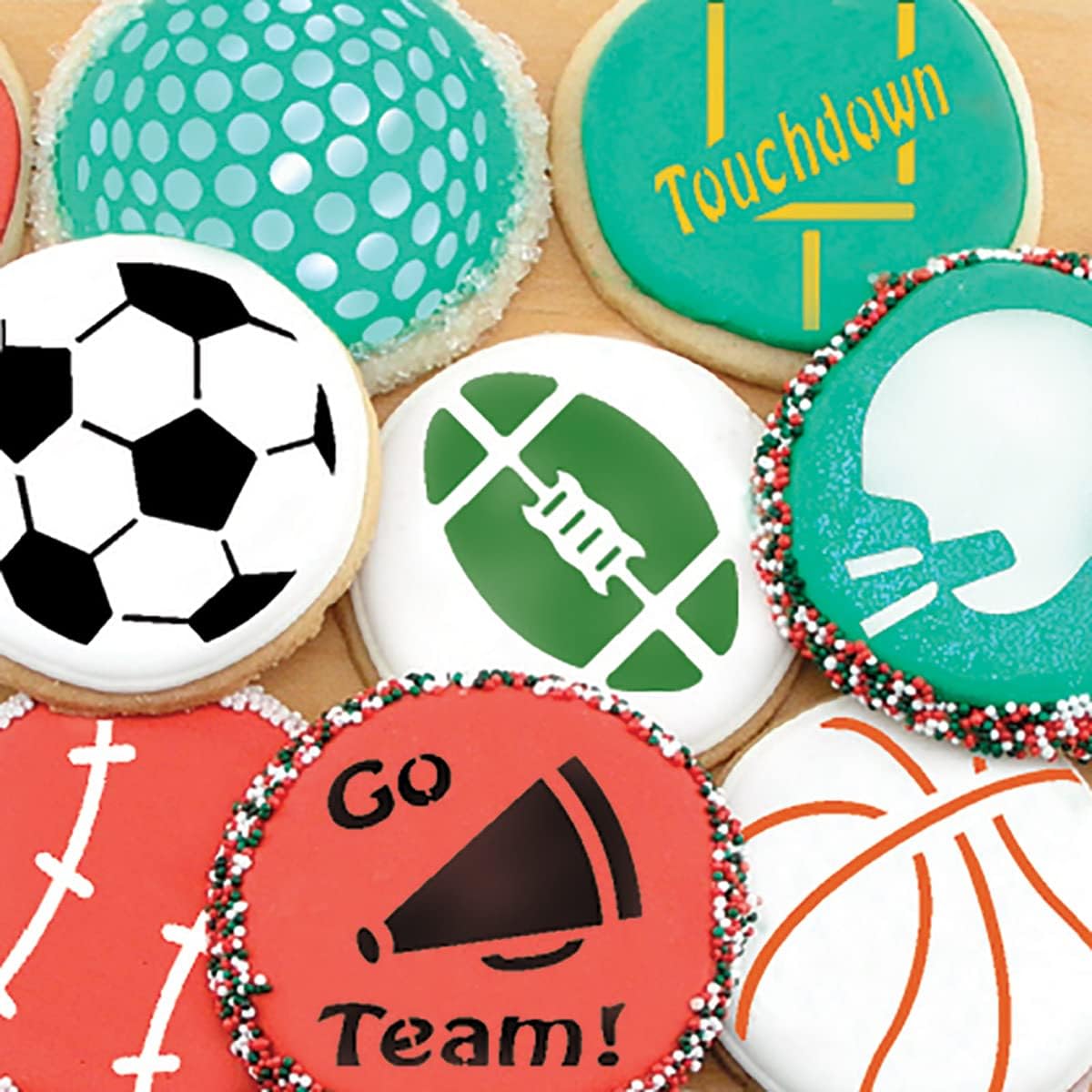 Designer Stencils Large Sports Ball Cookie Stencils, Basketball - Golf - Soccer - Baseball, Beige/semi-transparent
