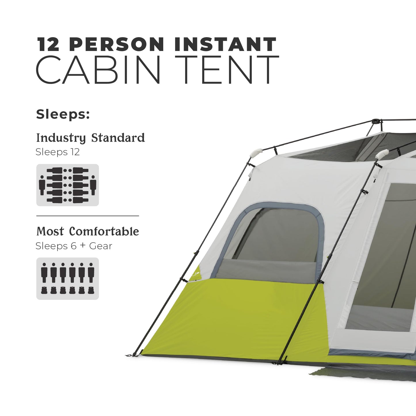 CORE 12 Person Instant Cabin Tent | Large 3 Room Family Pop Up Tent for 2 Minute Camp Setup | Included Storage Pockets for Camping Accessories