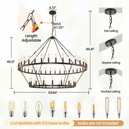 54-Lights 2 Tier Wagon Wheel Chandelier, 60" Large Chandeliers for High Ceilings, Round Black Chandeliers for Dining Room, Farmhouse Foyer Lighting Fixtures, for Living Room, Staircase, Entryway