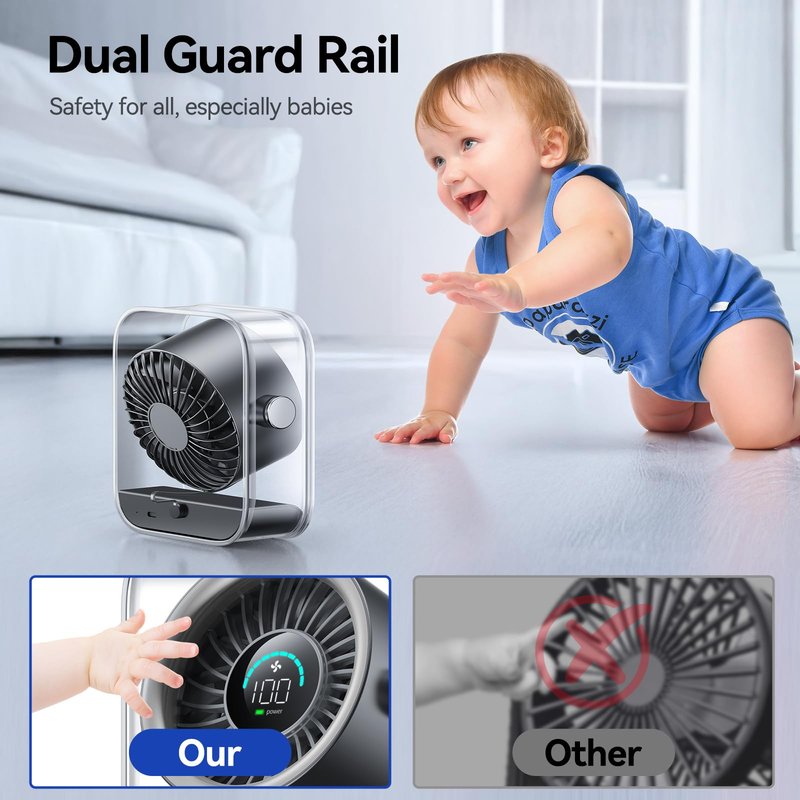 KIMMOO Rechargeable USB Desk Fan, Quiet Table Fan with Turbo Airflow, 100 Speeds, Digital Display, 90° Rotating, Small Battery Desktop Fans for Bedroom Home Office Travel, Black