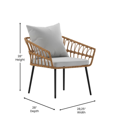 Flash Furniture Evin Set of 2 Boho Indoor/Outdoor Patio Chairs - Natural Finish Faux Rattan Wicker - Gray All-Weather Cushions - Integrated Armrests