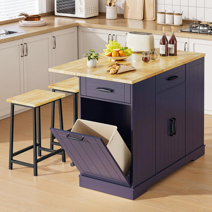 ONBRILL Stationary Kitchen Islands Include 2 Chairs, 47" Kitchen Island with Drop Leaf, Home Bar Table with Spice Rack & with Trash Cabinet, Island Table for Dining Room with Power Outlet, Blue