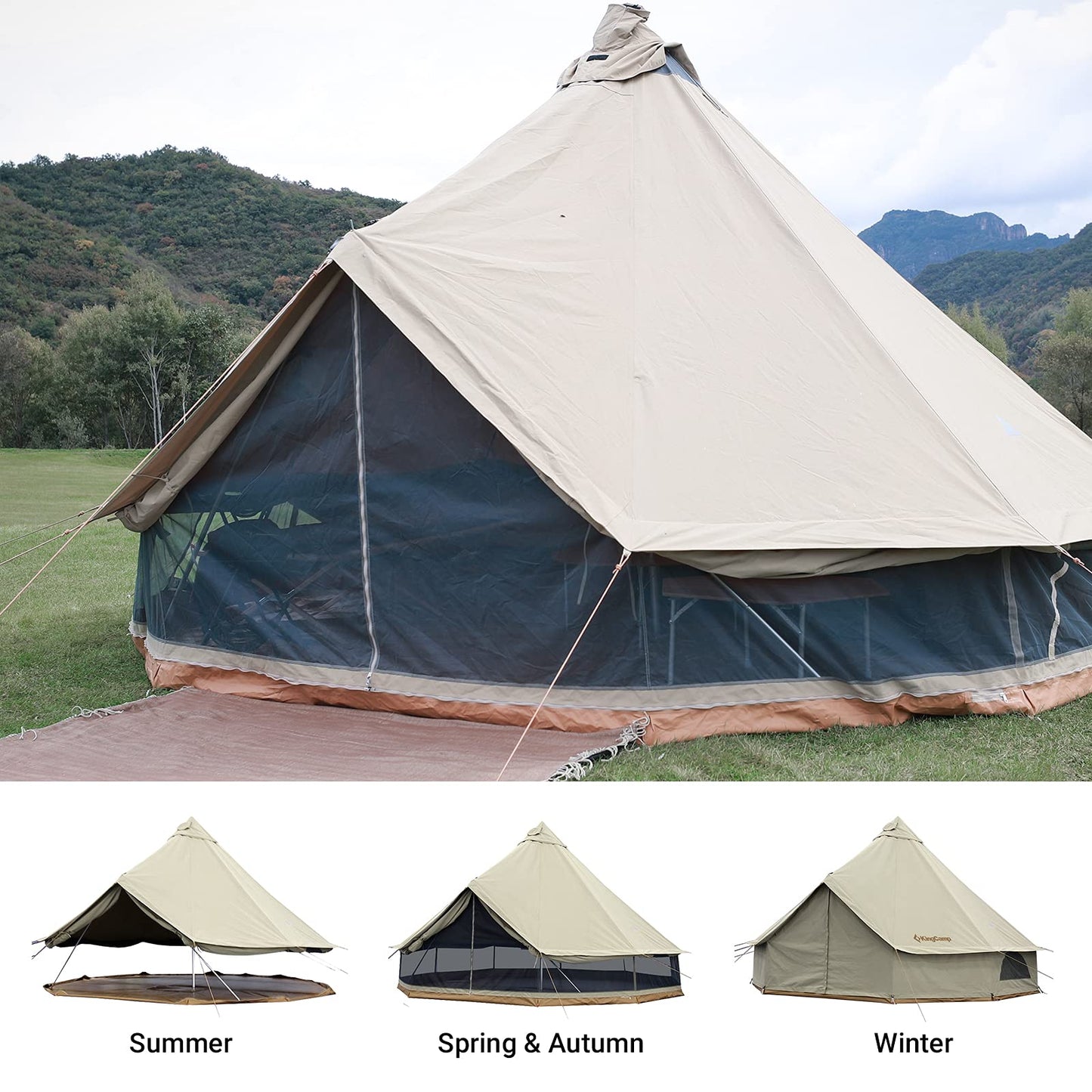 KingCamp Glamping Tent for 4 Seasons, 13.2ft/16.4ft Large Waterproof & Windproof Luxury Bell Yurt Tent w/Stove Jack, Spacious for Family Camping Hunting Parties