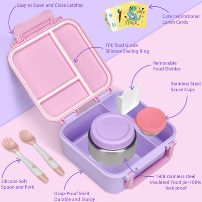 Kids Bento Lunch Box with 9oz Soup Thermo Leakproof Lunch Food Containers 4 Compartment with Insulated Hot Food Jar for Kid Toddler Girls Boys to School Trvael