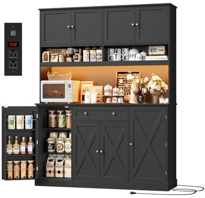 HIFIT 72.8” LED Kitchen Pantry Cabinet with Charging Station, 55” Wide Pantry Storage Cabinet with Large Countertop&Shelves&Drawers, Farmhouse Kitchen Hutch Coffee Bar for Living Room, Black