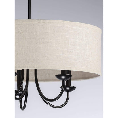 Progress Lighting Drum Shade Collection Five-Light Chandelier, Farmhouse Style Hanging Ceiling Light Fixture for Dining Rooms, Foyers, Harvest Linen Shade, Matte Black