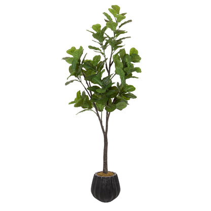 Kate and Laurel Fidmont Faux Fiddle Fig Tree with Claudel Scalloped Planter Pot, 6 FT, Black, Potted Artificial Tree Indoor with Realistic Foliage and Added Moss, Fake Plant for Living Room Decor