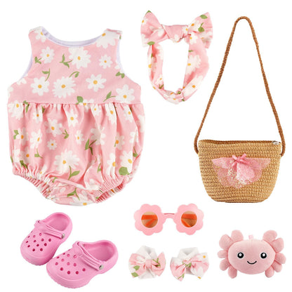 BABESIDE 16-20 Inch Reborn Baby Doll Clothes Set with 16 Inch Doll Shoes for Reborn Dolls, Summer Floral Babydoll Clothes with Bag Headband for Realistic Baby Dolls Accessories, Pink