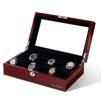 BILLSTONE Heritage 12 Wooden Watch Box – 12 Slot Watch Organizer, High-Polish Bubinga Wood with Black Velvet Interior