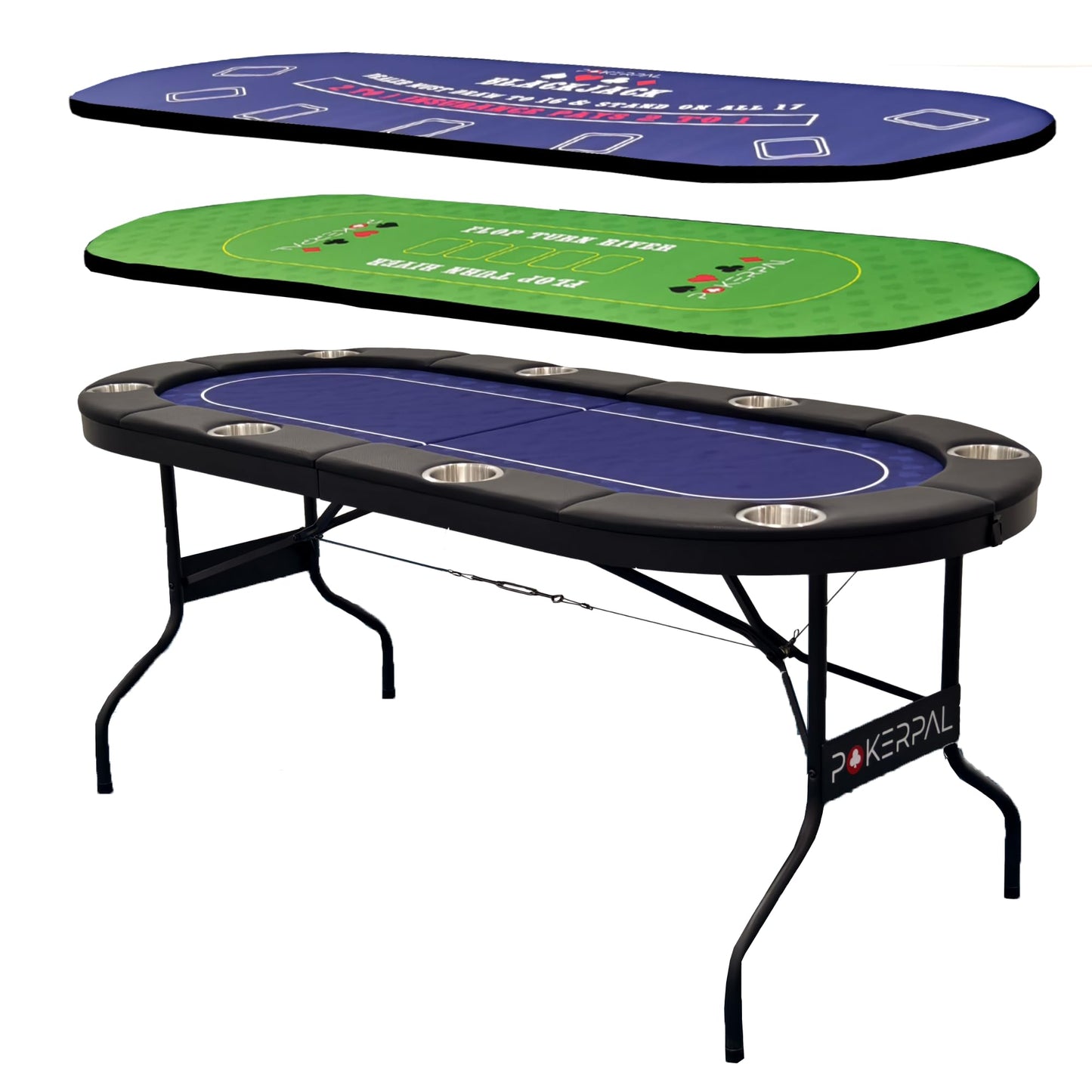 8 Player Poker Table with 2 Interchangeable Game mats, Texas Holdem Poker and Blackjack, Collapsible Casino Table with Padded Rails and XXL Cup Holders for Wine and Whiskey Glasses, (71 in) - Blue