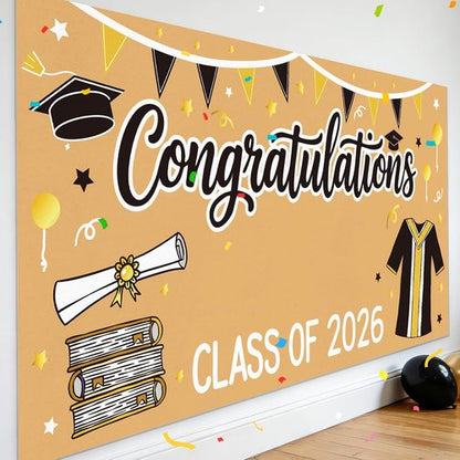 2026 Graduation Decorations | Black and Gold DIY Banner - 61 x 32 Inch Congrats Photo Backdrop