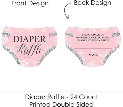 Set 24 Big Dot of Happiness Pink Winter Wonderland - Diaper Shaped Raffle Ticket Inserts - Holiday Snowflake Baby