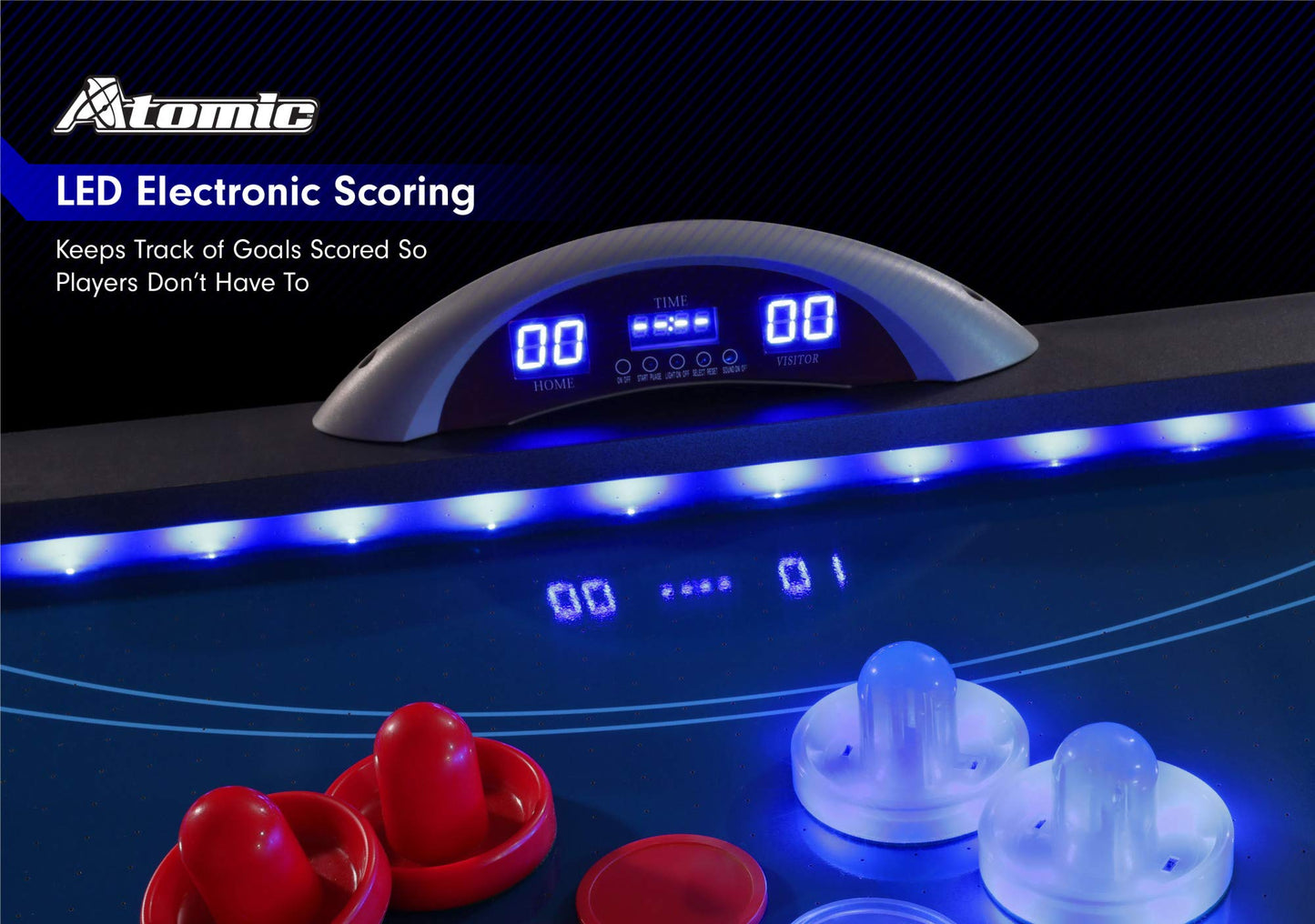 Atomic 90” Indiglo LED Light Up Air Hockey Table – Fully Illuminated Arcade Style Table with LED Scoring, Light Up Pucks & Pushers, in‑Rail Lighting and Music