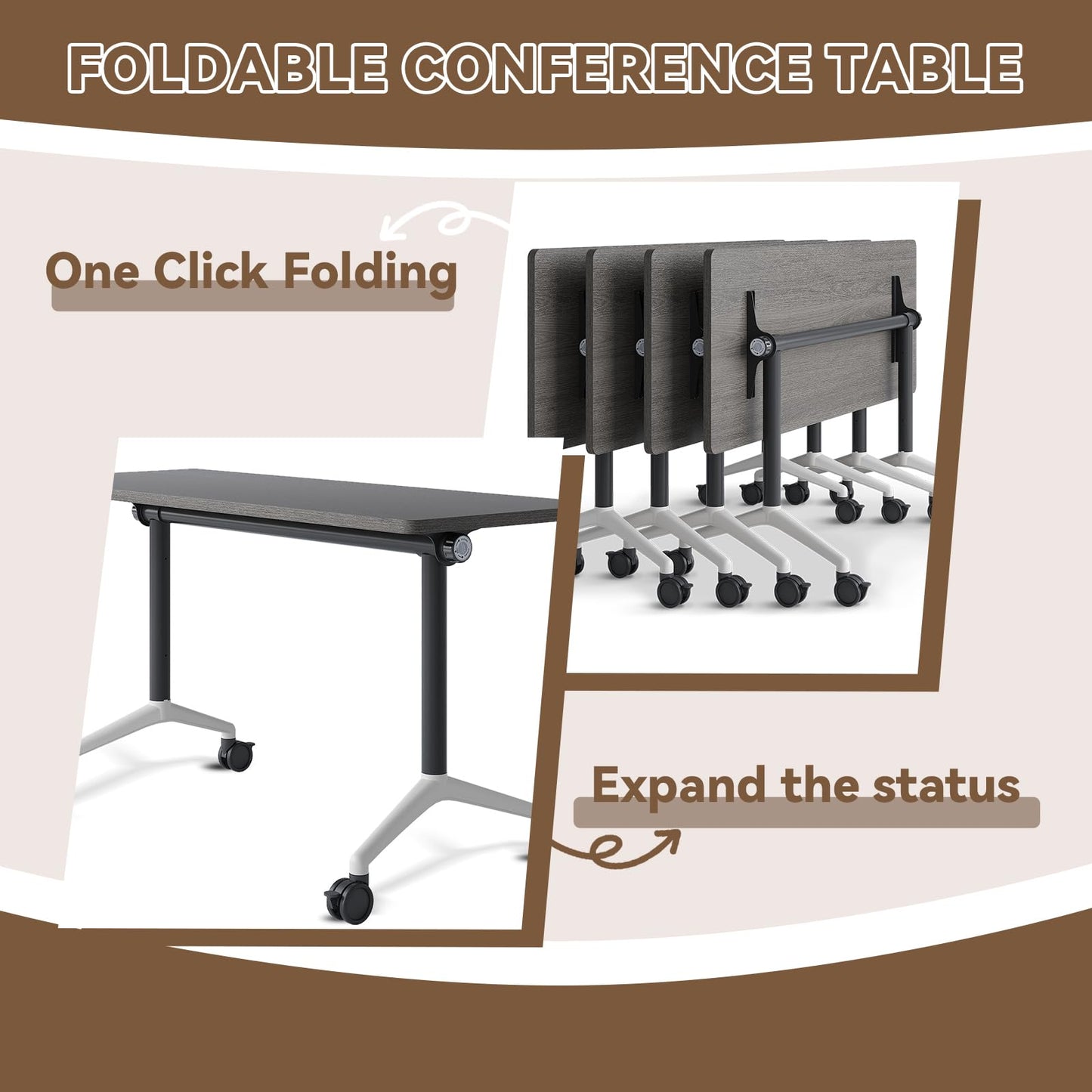rzoizwko 55.1" Folding Conference Table with Wheels,4 Pack Heavy-Duty Flip-Top Reconfigurable Training Table System,Rolling Conference Room Tables for Office, Classroom & Meeting Rooms