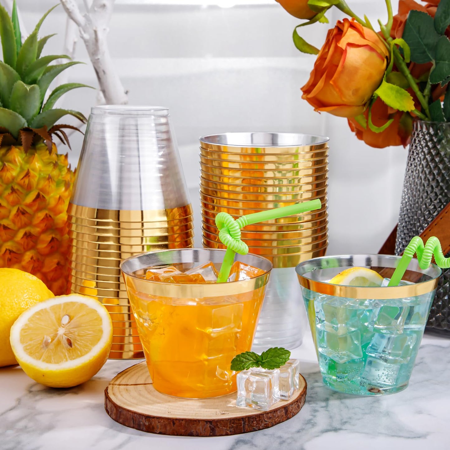 I00000 200 Pack Gold Plastic Cups, 9 Oz Elegant Clear Plastic Cups Gold Rimmed Disposable Wine Glasses Fancy Disposable Party Cup Wedding Cup Drinking Tumblers Cocktail Glasses Perfect for Party