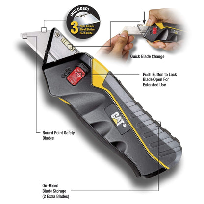 Cat Safety Squeeze Utility Knife, Retractable Blade with Trigger Grip, Quick Change Blade Storage, Includes 3 Round Point Safety Blades – 980080