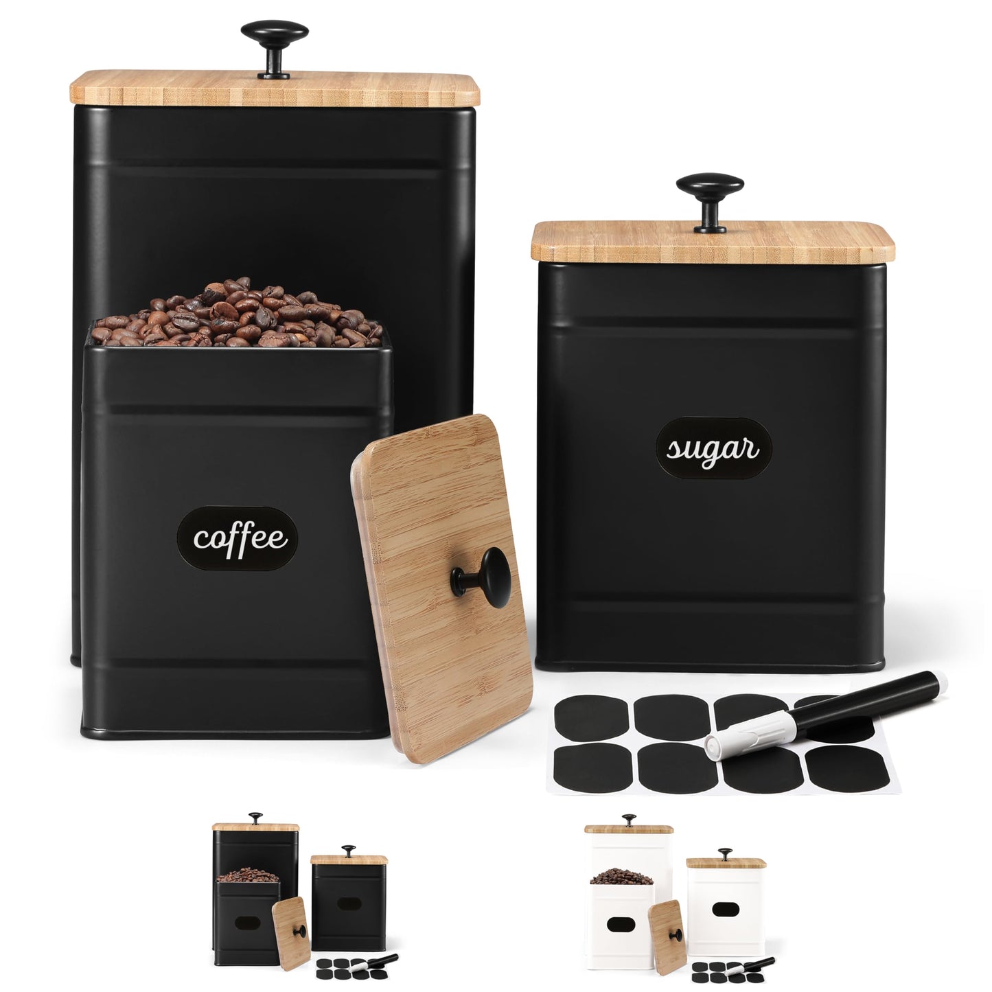PERFNIQUE Kitchen Canisters for Countertop Set of 3, Airtight Canisters Sets for the Kitchen Counter with Lid, Metal Farmhouse Food Storage Containers Jars for Flour Sugar Coffee Tea Spice (Black)
