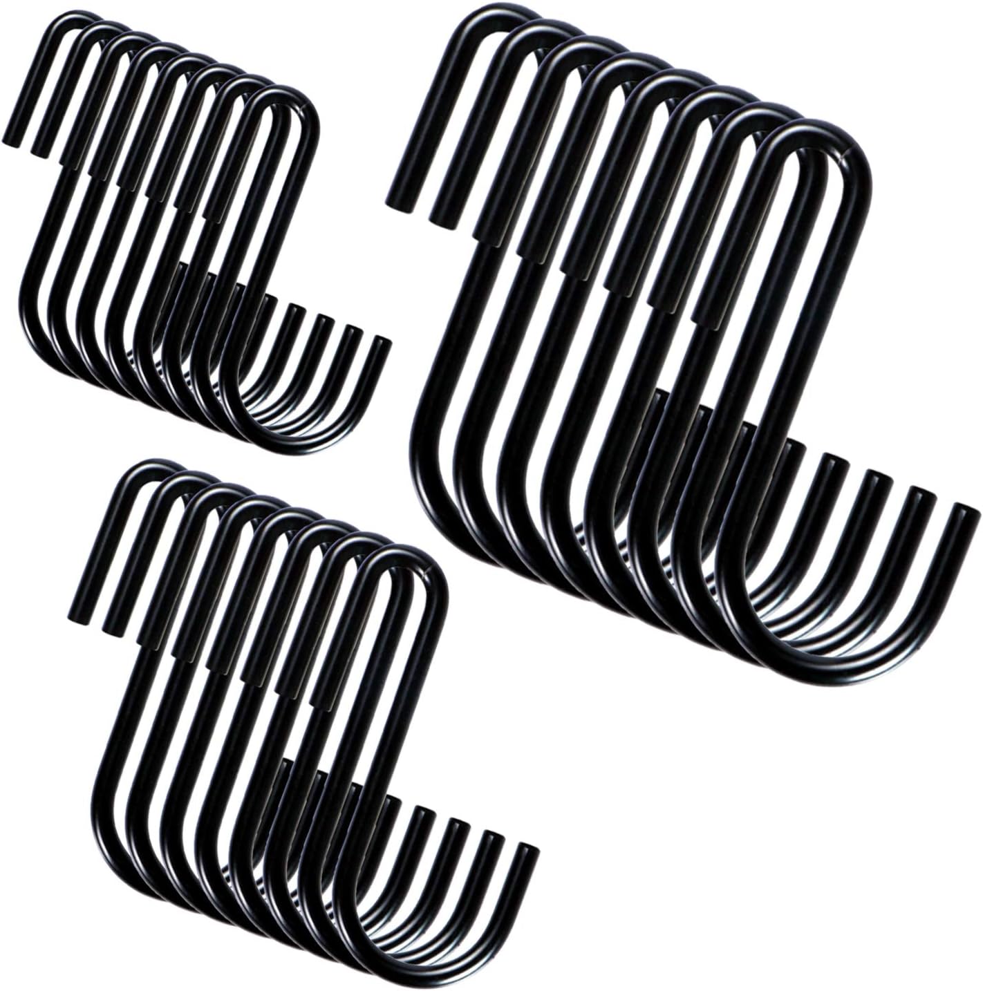 YourGift Heavy Duty S Hooks, S Shaped Hooks for Kitchen, Bathroom, Bedroom, Office, 24 pcs/Black, Various Sizes