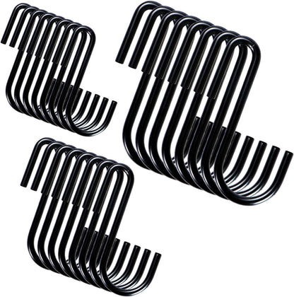 YourGift Heavy Duty S Hooks, S Shaped Hooks for Kitchen, Bathroom, Bedroom, Office, 24 pcs/Black, Various Sizes
