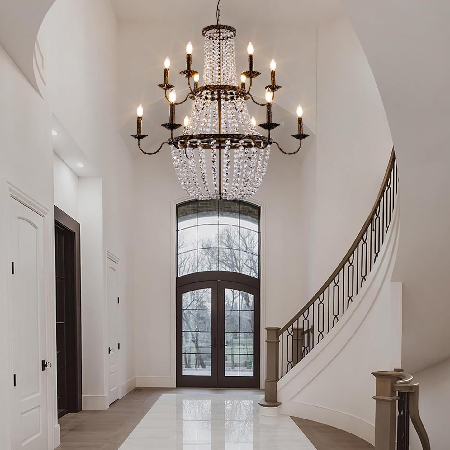 TOCHIC 40'' Long Large Crystal Chandeliers for High Ceilings, 2-Tier Modern Farmhouse Empire Staircase Chandelier 12 Lights Vintage Foyer Chandelier Luxury Crystal Light Fixture for Entryway Hallway