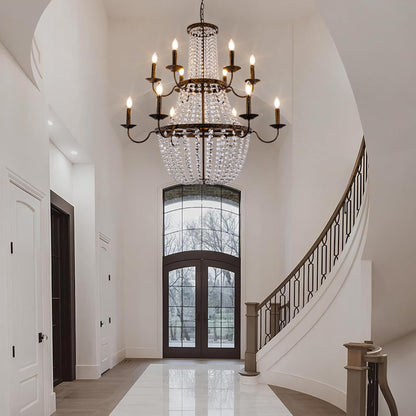 TOCHIC 40'' Long Large Crystal Chandeliers for High Ceilings, 2-Tier Modern Farmhouse Empire Staircase Chandelier 12 Lights Vintage Foyer Chandelier Luxury Crystal Light Fixture for Entryway Hallway