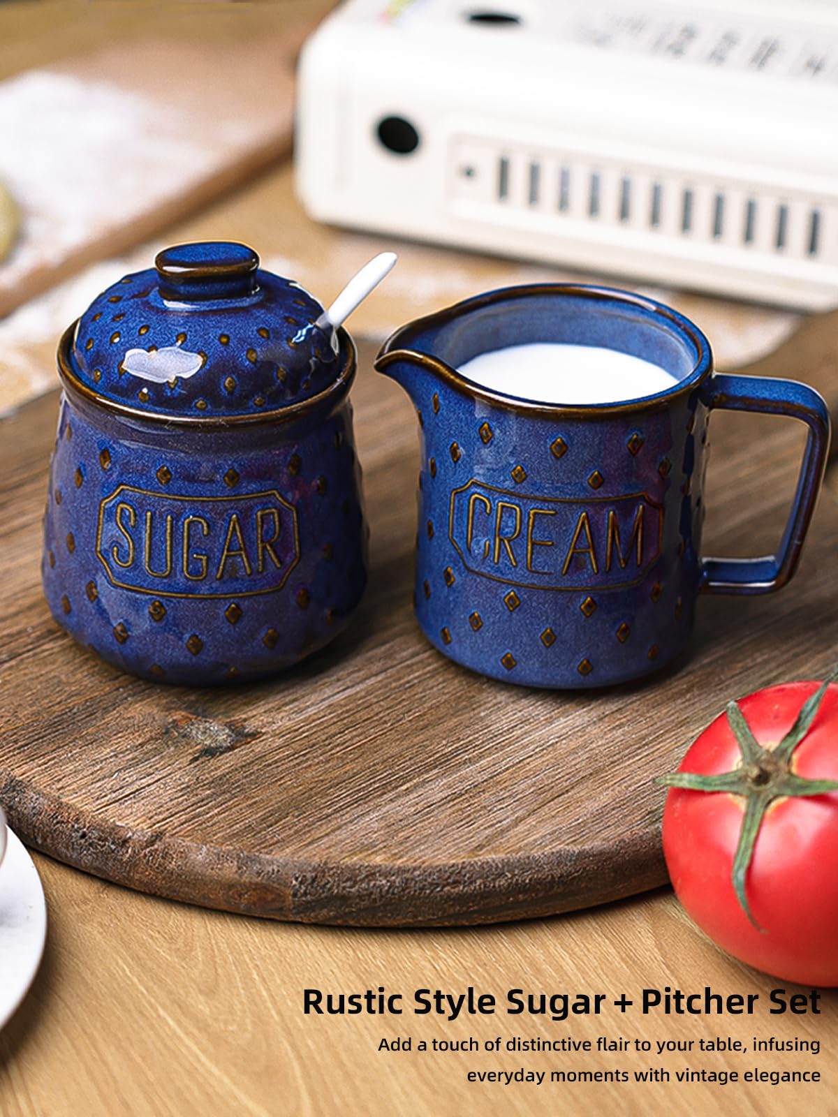 GDCZ Ceramic Sugar and Creamer Set, Milk Creamer and Sugar Container with Spoon, Coffee Serving Set with Sugar Bowl and Cream Pitcher, Set of 2 (Blue)