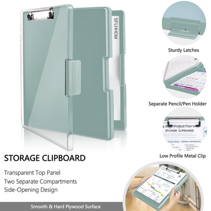 SFLHHDM Clipboard with Storage,Heavy Duty Clip Boards 8.5x11 with 2 Storage Case,Clear Visible Panel Storage Clipboards,Side Opening Nursing Clipboard Folder for Office Supplies-Dark Green